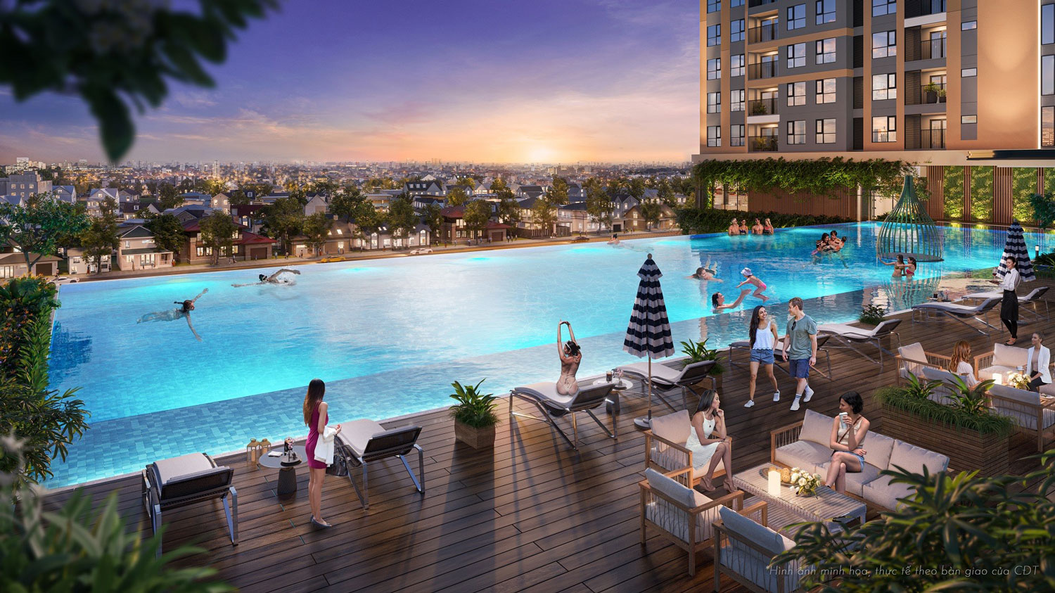 Hồ bơi tràn bờ tại dự án Bcons New Sky Bình Dương là điểm nhấn tiện ích, mang lại không gian thư giãn và nghỉ dưỡng cho mọi cư dân.